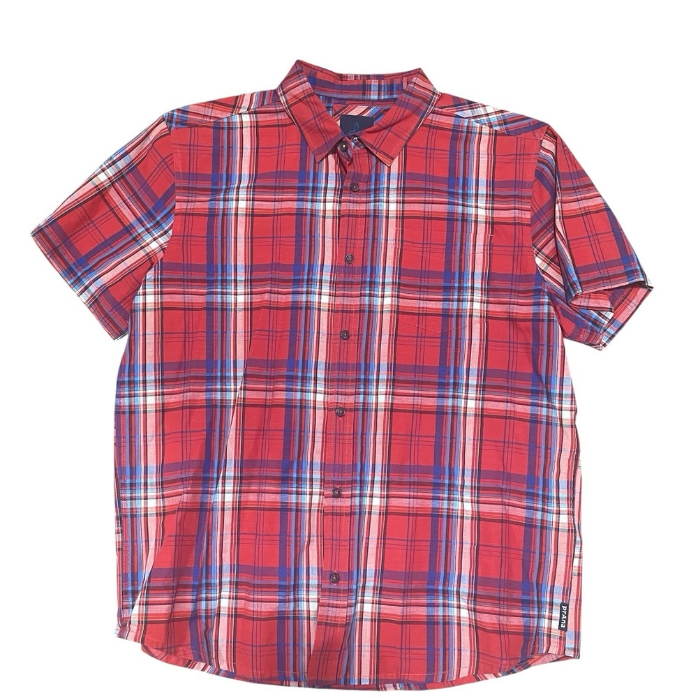 Prana Mens Large Red Plaid Short Sleeve Button Down Shirt‎ Hiking Outdoor Casual